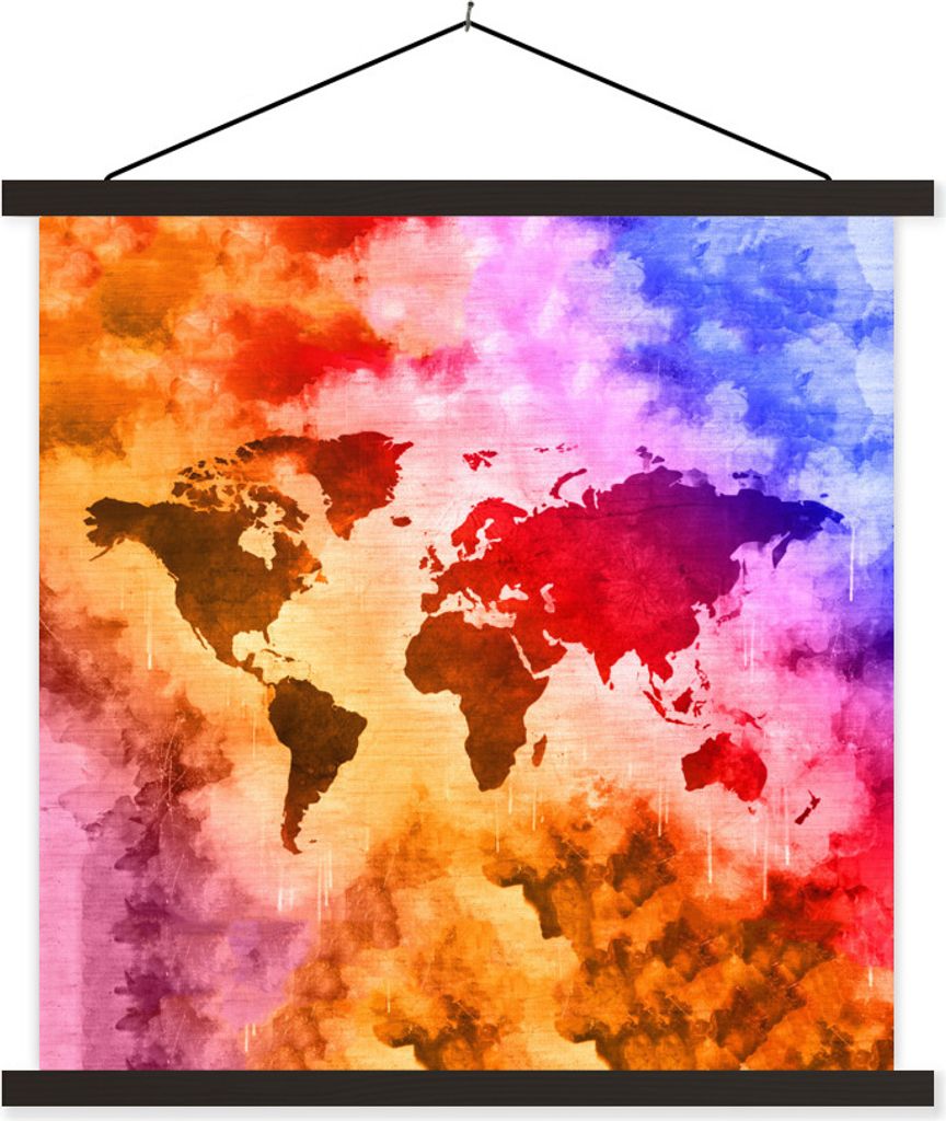 MuchoWow Textilposter Weltkarte - Farben - Rauch 120x120 cm mit schwarzem Rahmen - Aufhängungsset