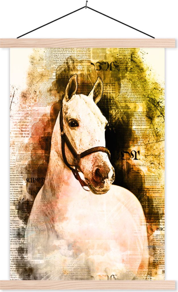 MuchoWow Textilposter Pferd - Weiß - Zeitung - Mädchen - Kinder - Mädchen 120x180 cm mit holzfarbenen Rahmen - Textil-Plakat