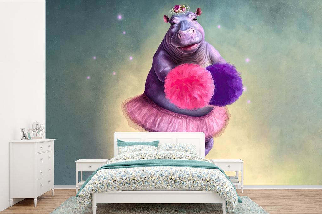 MuchoWow Fototapete für Wohnzimmer oder Schlafzimmer Wandtapete Vinyl Motivtapete Nilpferd - Blumen - Ballerina - Pompons - Porträt - Kinder - ...