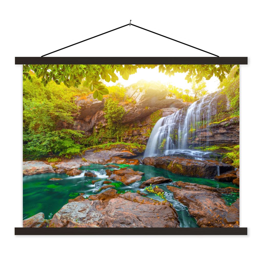 MuchoWow Textilposter Natur - Wasserfall - Pflanzen - Bäume - Sonne 40x30 cm mit schwarzem Rahmen - Dekorationen