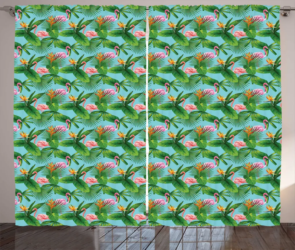 Paire de Rideaux Universels Salon Motif Tropical et Flamant Rose 280x225 cm