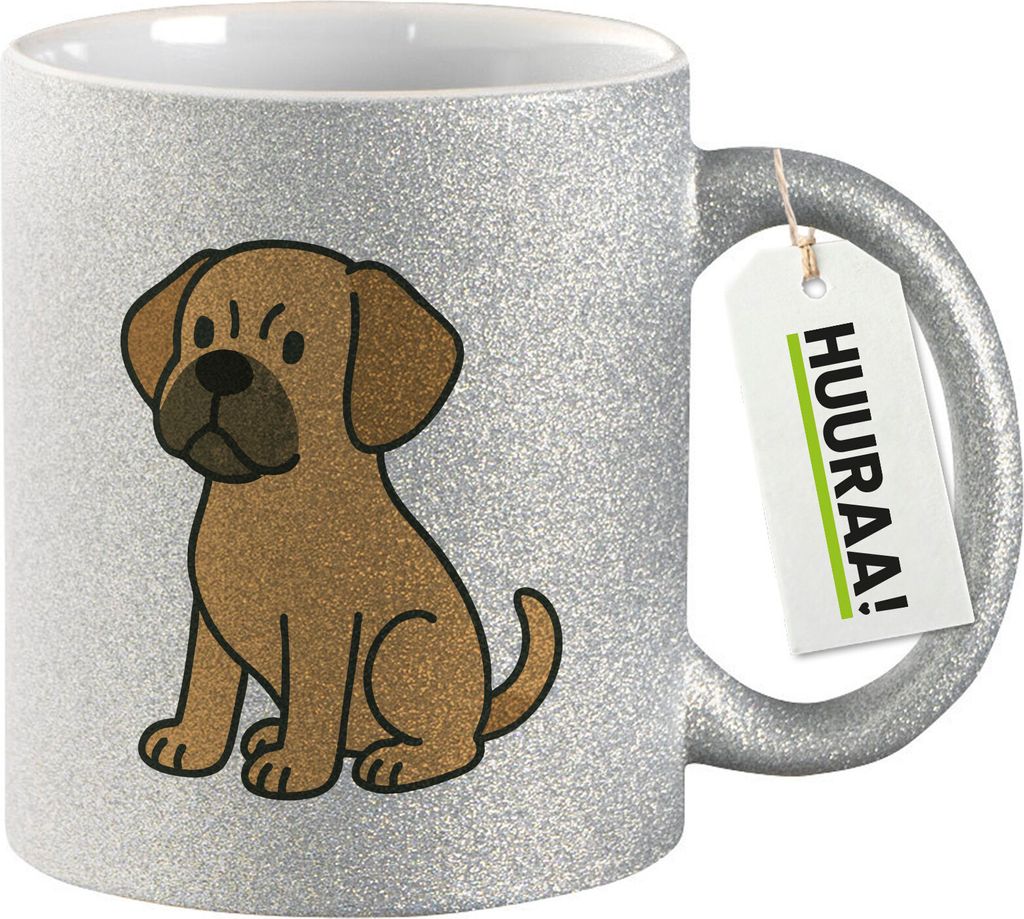 Huuraa Glitzertasse Puggle Comic Puggy 330ml Silber Keramik Kaffeebecher Geschenkidee