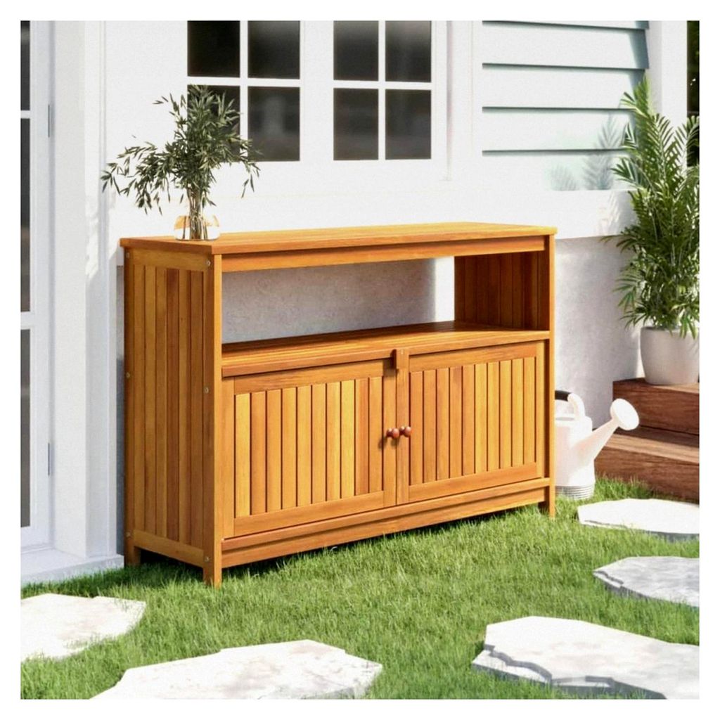 Garten-Konsolentisch mit Holzrahmen, Beistelltisch mit 1 Ablage und 1 Fach, Holztisch für Balkon, 110x35x75 cm, Akazienholz