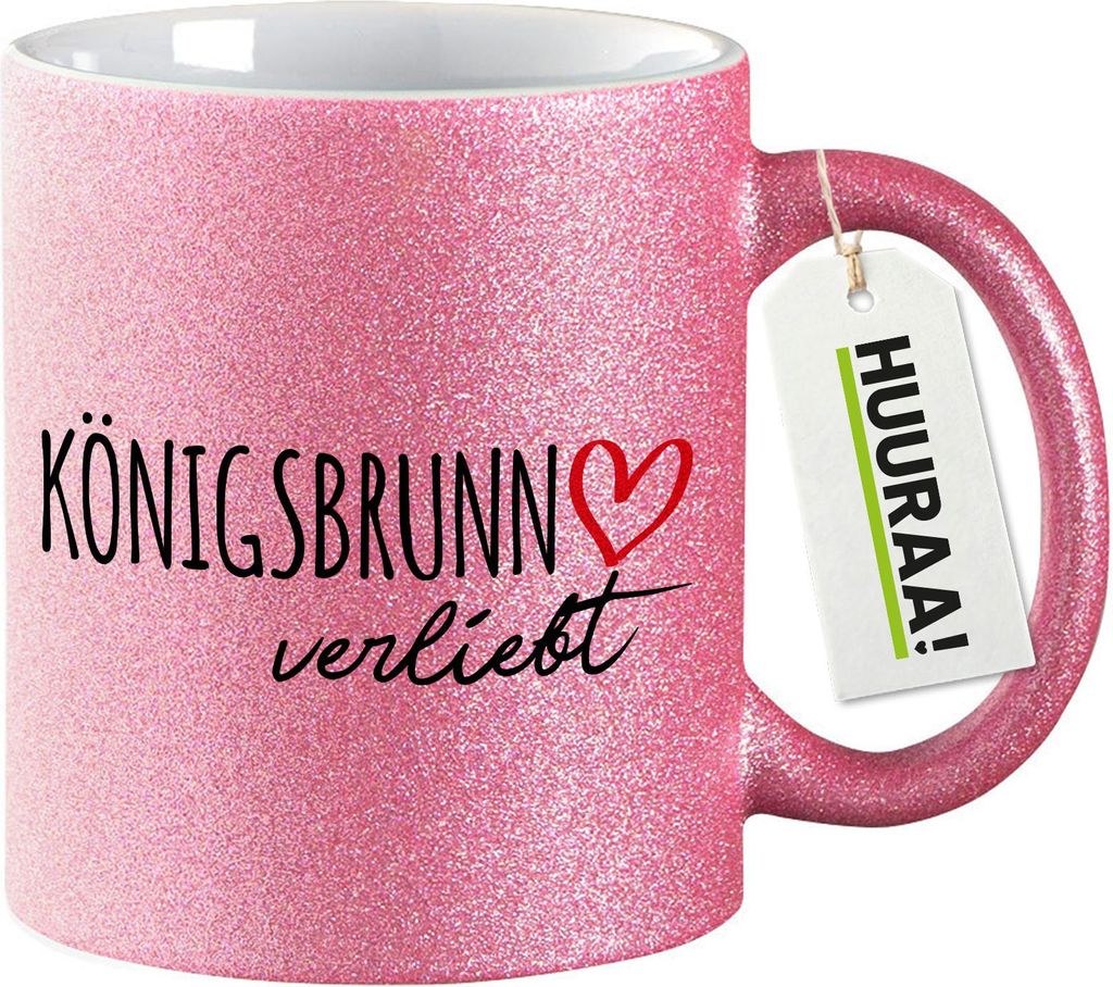 Huuraa Glitzertasse Königsbrunn verliebt 330ml Pink Keramik Kaffeebecher Geschenkidee