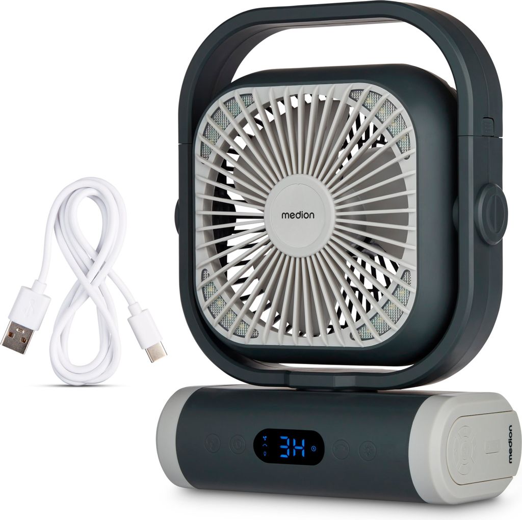 MEDION Ventilator E10 TF (Akku, Mini Ventilator, USB Ventilator klein mit Licht, Fernbedienung, 5 Stufen, Oszillation, Haken zum Aufhängen, Powerb...