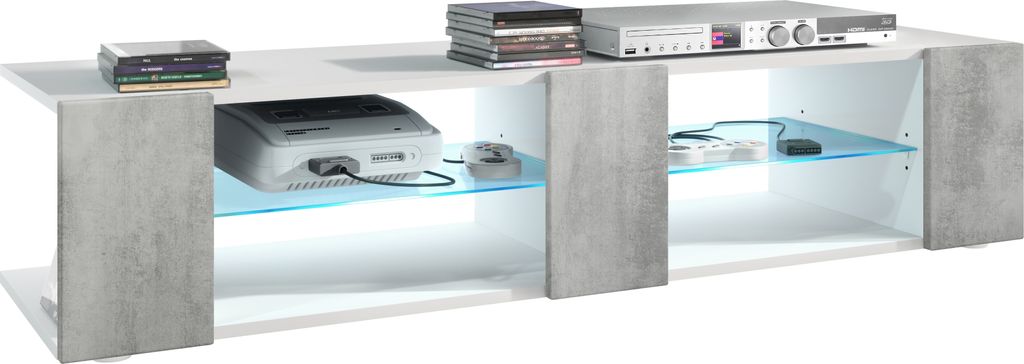 Vladon Lowboard Movie V2, TV-Kommode mit 6 offenen Fächern und Zierleisten, Weiß matt/Beton Oxid-Optik, inkl. LED-Beleuchtung blau (134 x 29 x 39...