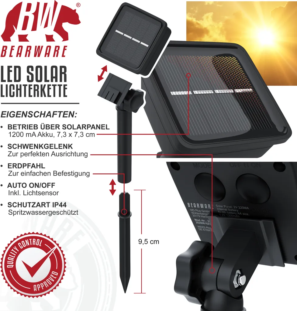 Set 2 Catene Luminose Solari Bearware 100 LED 10m Luce Calda Esterno - 3