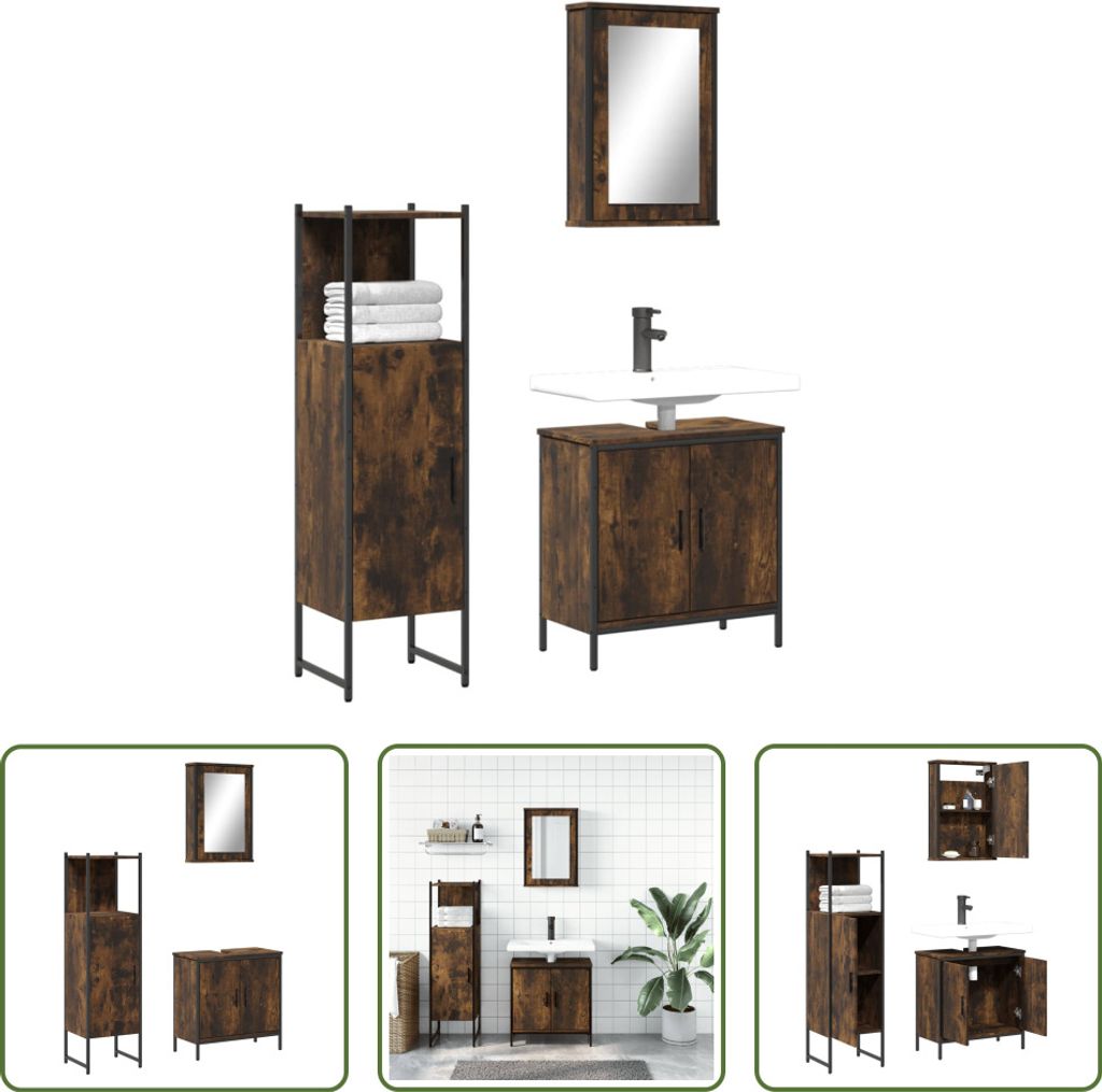 The Living Store 3-tlg. Badmöbel-Set Räuchereiche Holzwerkstoff