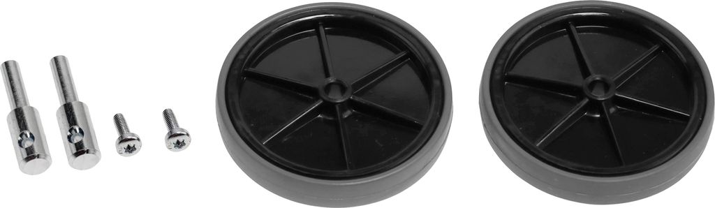 A set of vacuum cleaner wheels and screws on a white background.