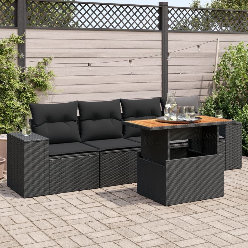 "Rabatt" 5-tlg. Garten-Sofagarnitur - mit sofa - mit Kissen Schwarz Poly Rattan - Lounge-Dining set CC12107