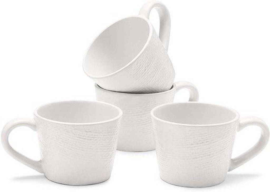 Vierstellige Set elegante Porzellan-Mokken für 4 Personen - Stapelbare Becher - Mikrowellen- und Geschirrspüler-resistent - Weiß