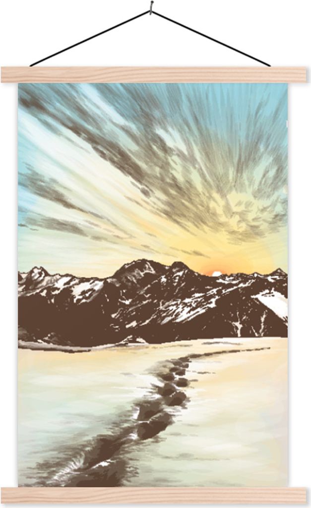 MuchoWow Textilposter Berg - Strand - Meer 120x180 cm mit holzfarbenen Rahmen - Textil-Plakat