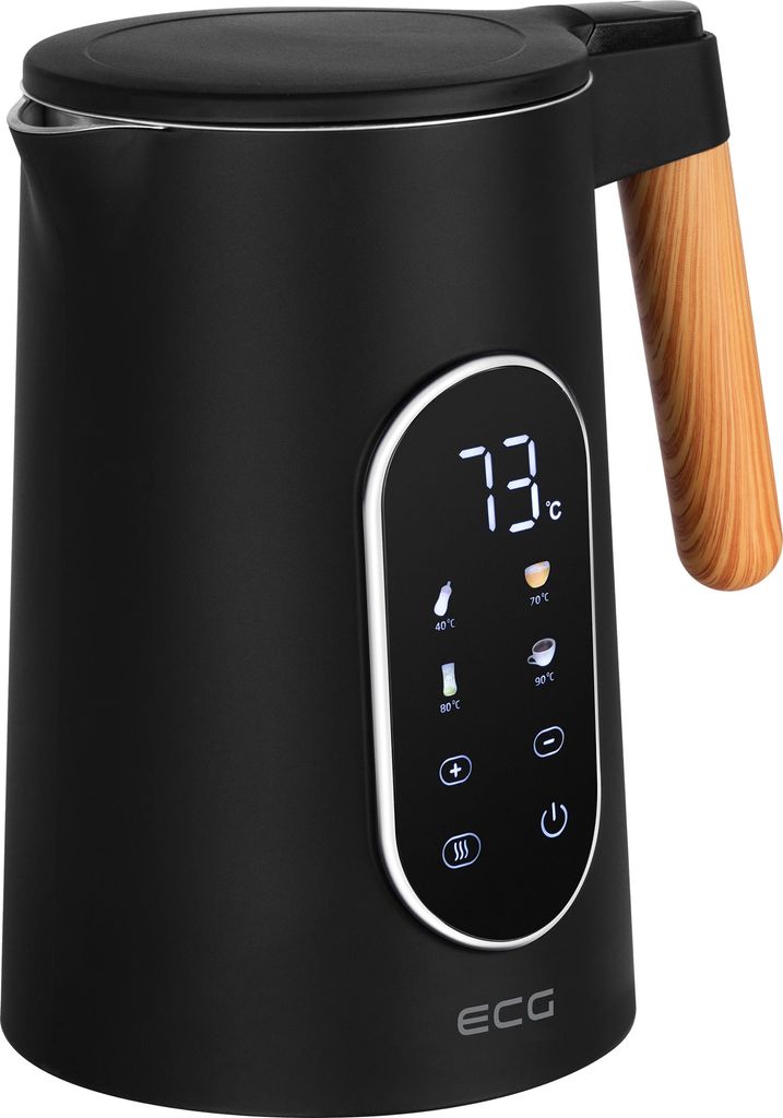 A black electric kettle with a wooden handle and a digital display showing the temperature.