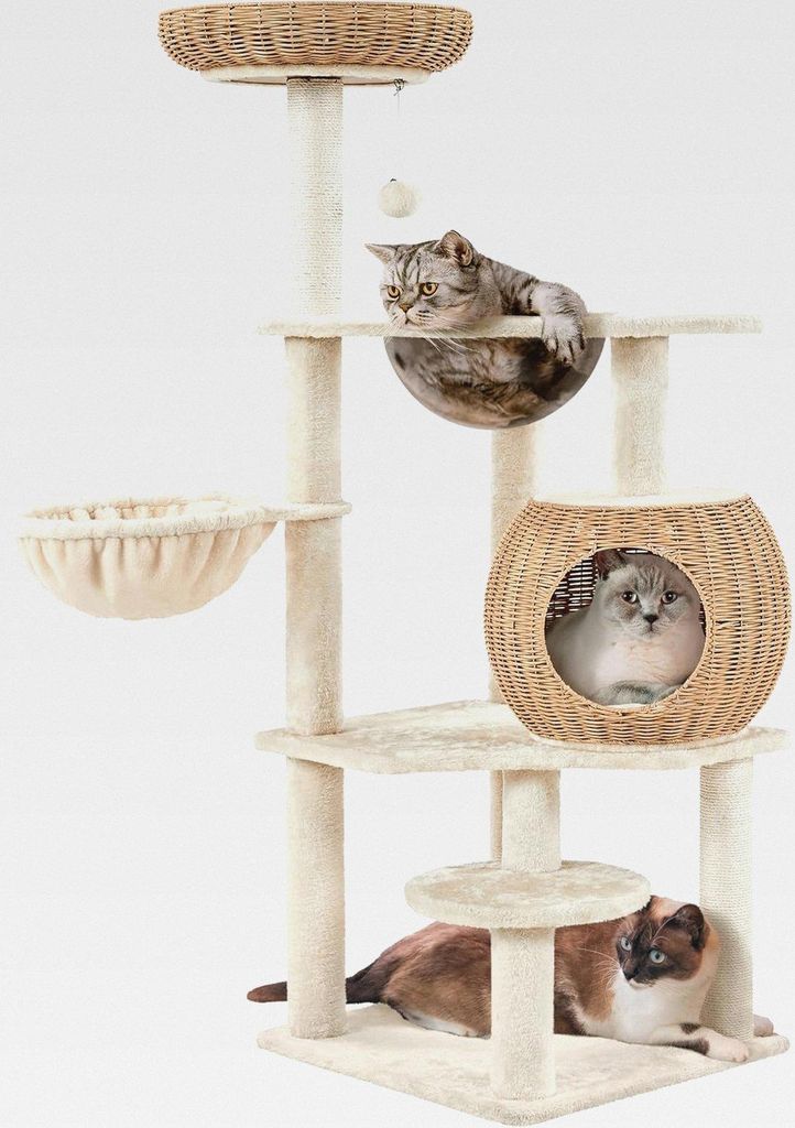 Kratzbaum, 137,5cm Rattan Katzenbaum für große Katze, Stabiler Kletterbaum mit Katzenhaus waschbare Kissen Korb Sisalstämme, Beige