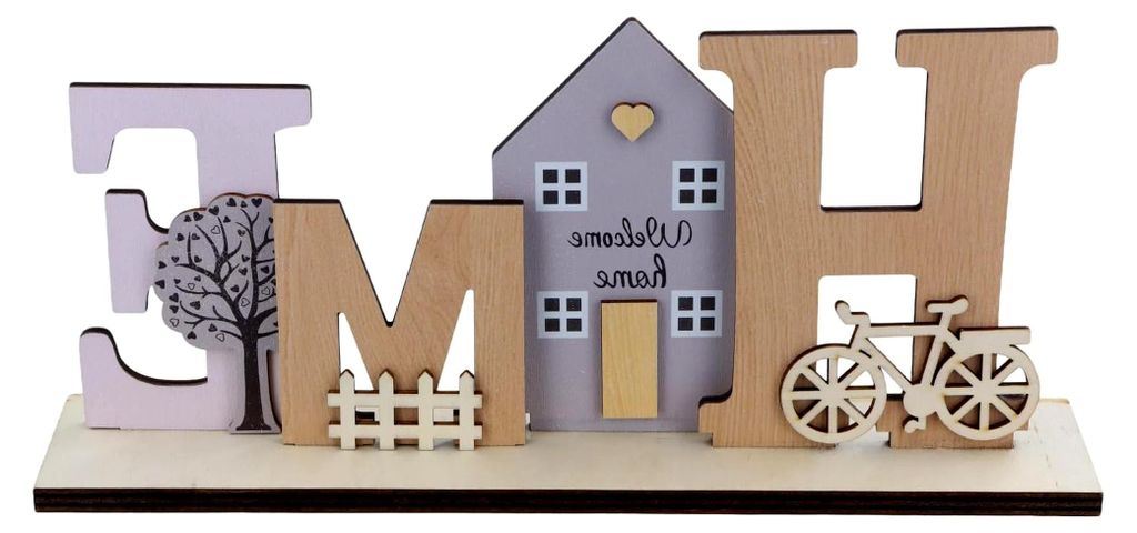 Holz Deko Aufsteller mit Haus, Baum und Fahrrad Motiv, rustikaler Schriftzug HOME für Wohnzimmer, Flur und Schlafzimmer