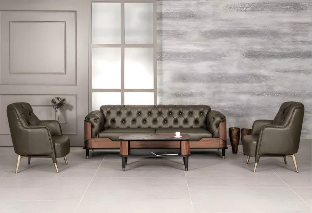 Luxus 3-Sitzer Sofa Leder Büro Set 2 Sessel Modern Couchtisch 4tlg Neu