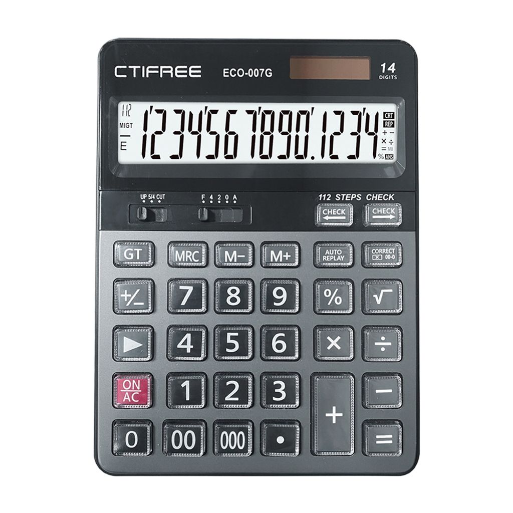 14-stellig Tischrechner Solarbetrieben, LCD-Display, Taschenrechner mit grossen Tasten, 112 Schritte, Pruef- und Korrekturfunktion