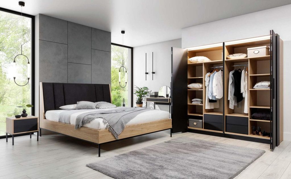 Schlafzimmer Set Beige Bett 2x Nachttische Schrank Produktbild 