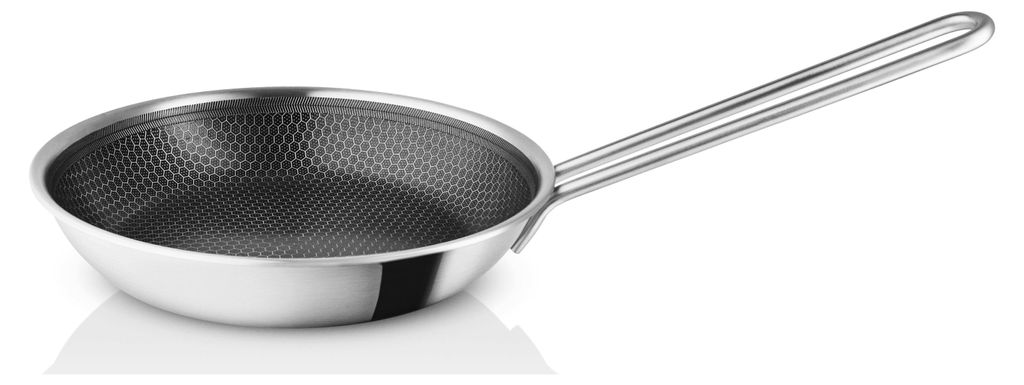 A stainless steel frying pan with a honeycomb pattern on the inside, shown on a white background.