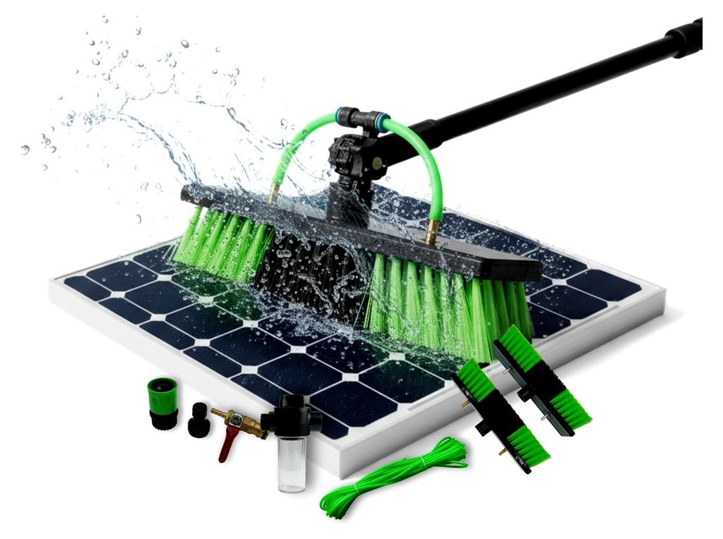 Photovoltaik Reinigungsbürste 8,5 m – Teleskop Waschbürste mit Wasseranschluss & 4 Aufsätzen (2X Standard, 2X mit Abzieher & Schwamm) – idea...