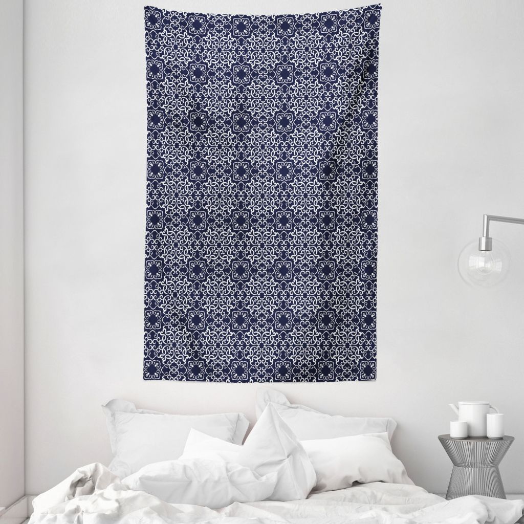 ABAKUHAUS Navy blau Wandteppich und Tagesdecke, Eastern Curlicues aus Weiches Mikrofaser Stoff Waschbar ohne Verblassen Digitaldruck, 140 x 230 cm,...