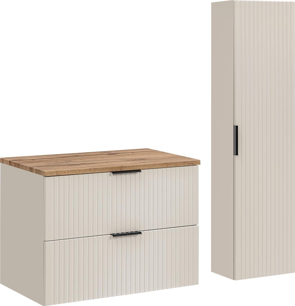 Badezimmer-Set 80 Cm Mit Hohem Schrank Und Arbeitsplatte, Eiche Wotan