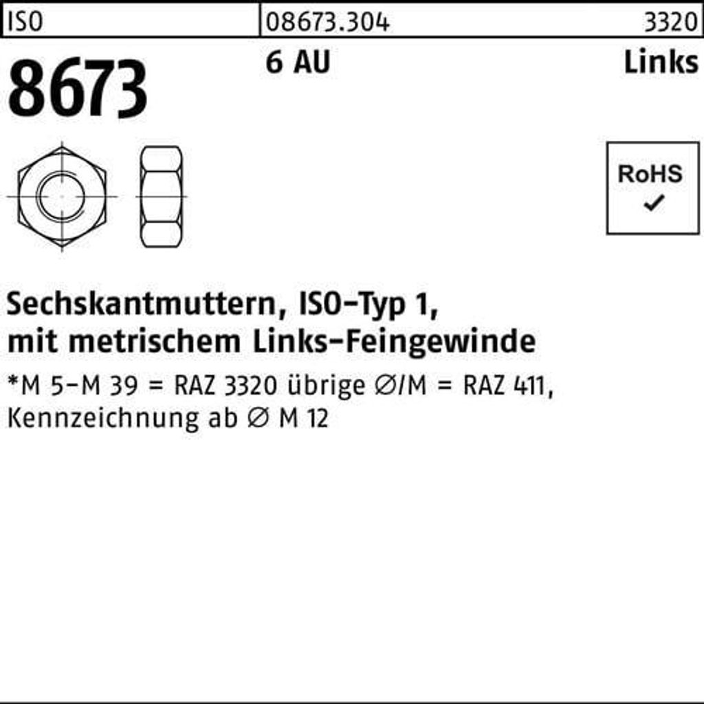 Reyher Sechskantmuttern ISO 8673 6 AU M 30 x 1,5 -LH (10 Stück)