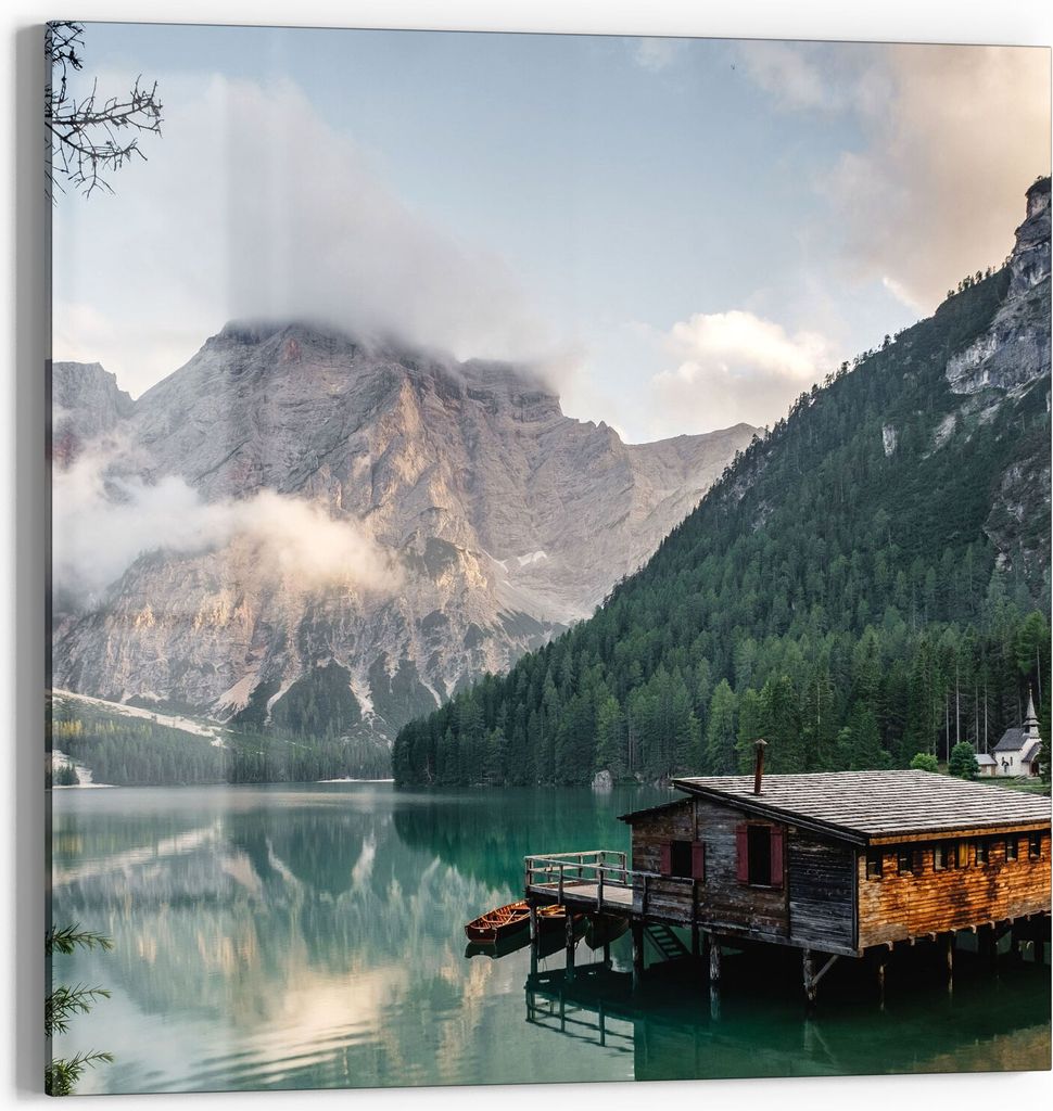 DEQORI Glasbild Echtglas 50x50 cm 'Pragser Wildsee im Sommer' Wandbild Bild modern Deko