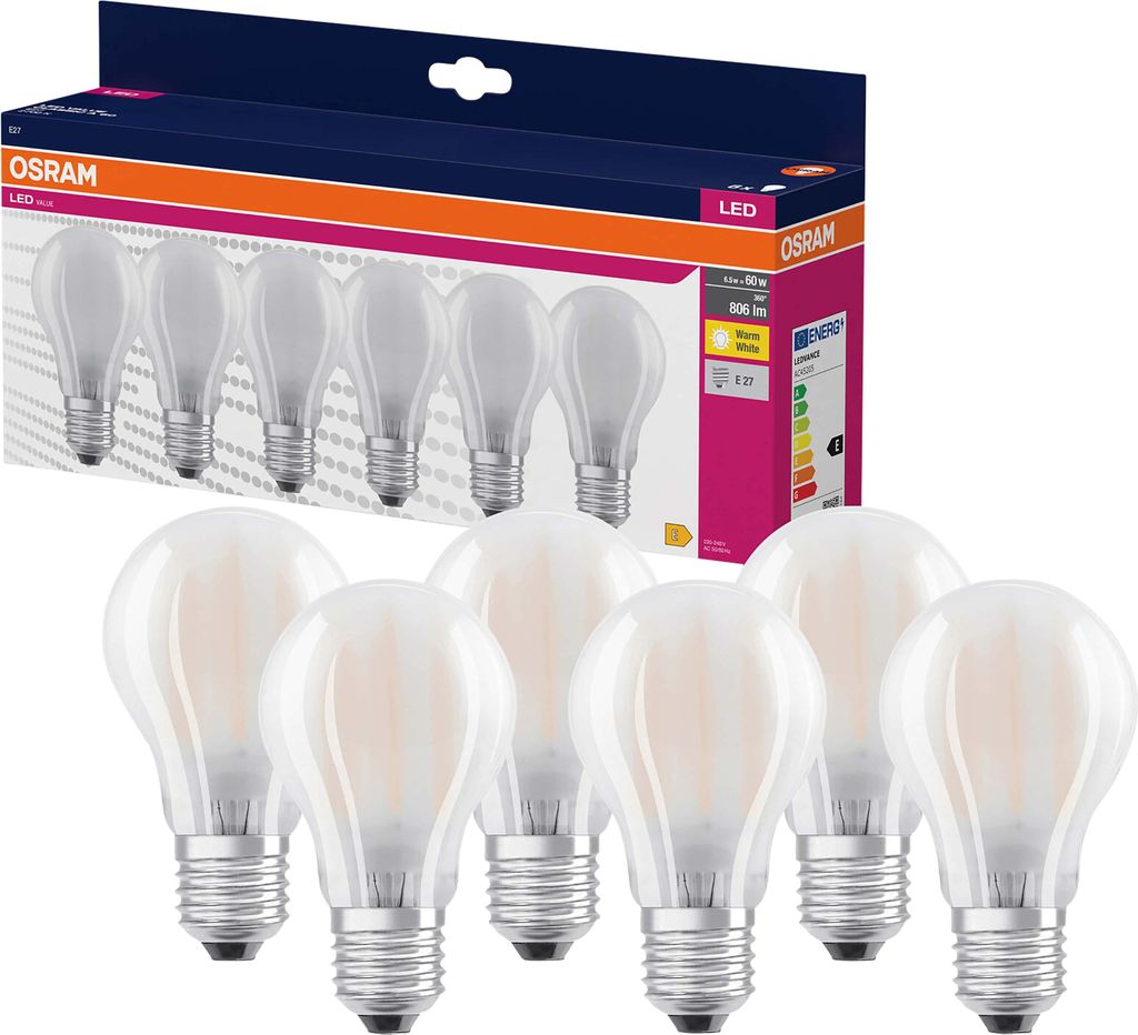 OSRAM HOMELIGHTING 4058075845688 LED (monochrome) EEC E (A - G) E-27 6.5 W = 60 W Warm white (Ø x H) 60 mm x 60 mm 6 pc(s)