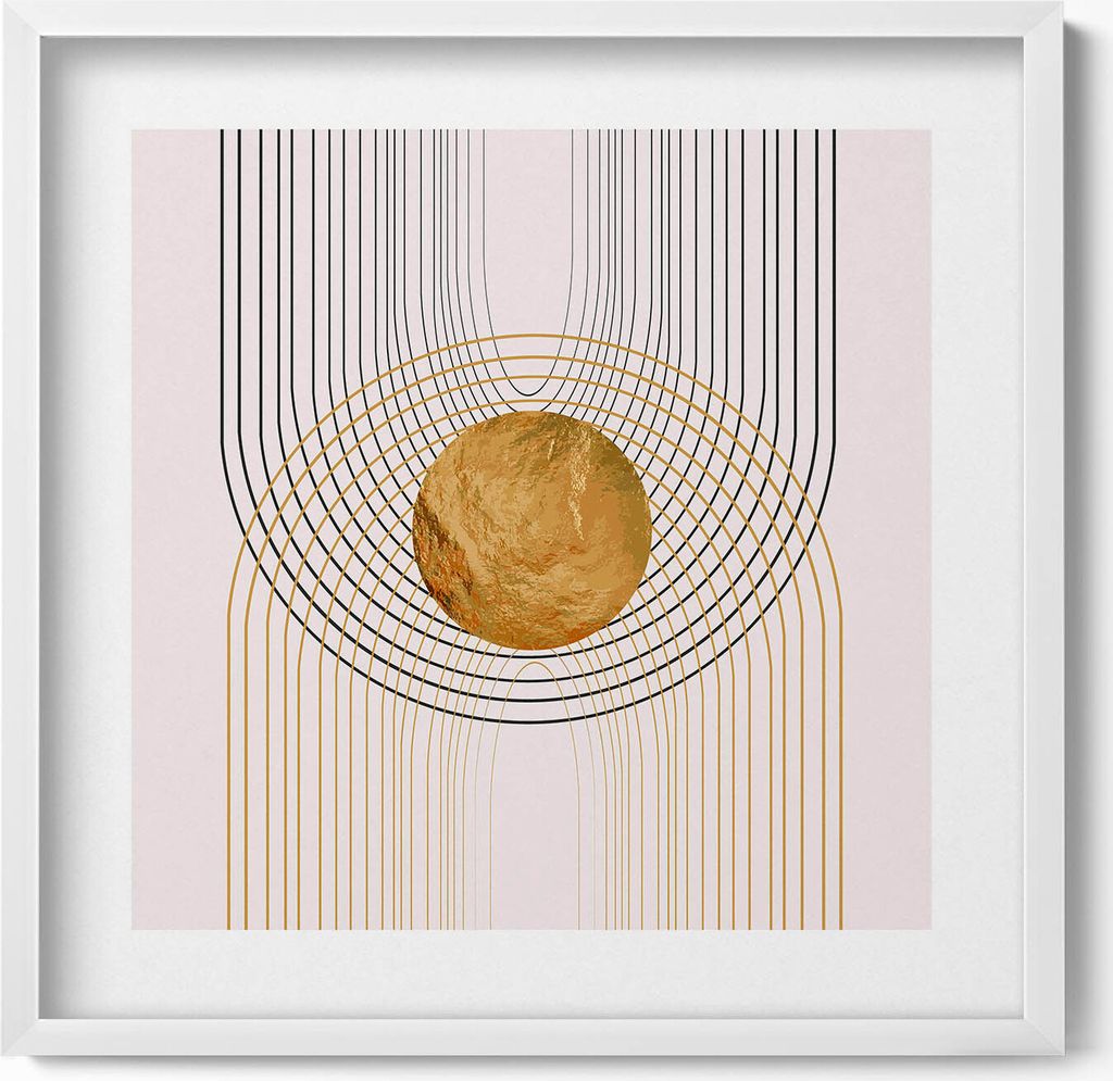 Abstrakte minimalistische Boho-Formen mit Gold– Wandbild mit Rahmen – Gerahmtes Bild – Wanddekoration – 50x50 cm – Weiß Rahmen