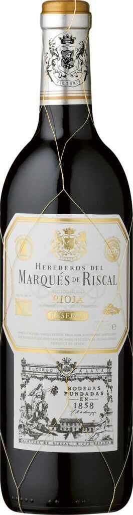 A bottle of Marques de Riscal Reserve Rioja wine, presented in a net.