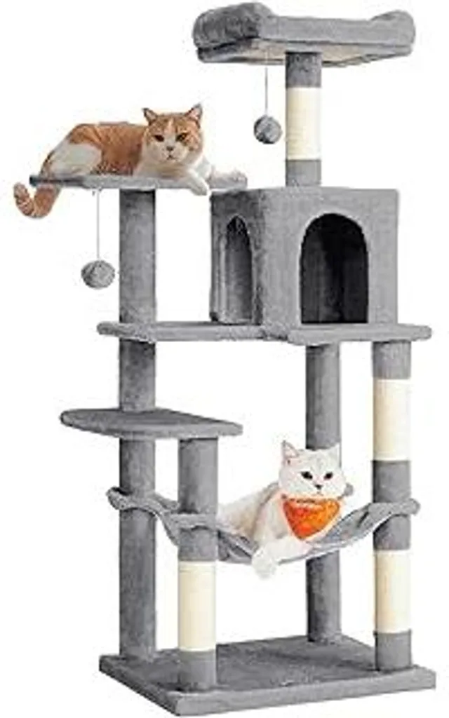Feandrea Tiragraffi, altezza 143 cm, tiragraffi per gatti, casa per gatti a più piani, con 4 colonne tiragraffi, 2 piattaforme, amaca, cuccia, grigio chiaro PCT161W01