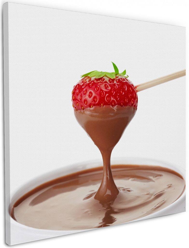 Wallario Premium Leinwandbild Schoko-fondue mit Erdbeer am Stiel in Größe 50 x 50 cm