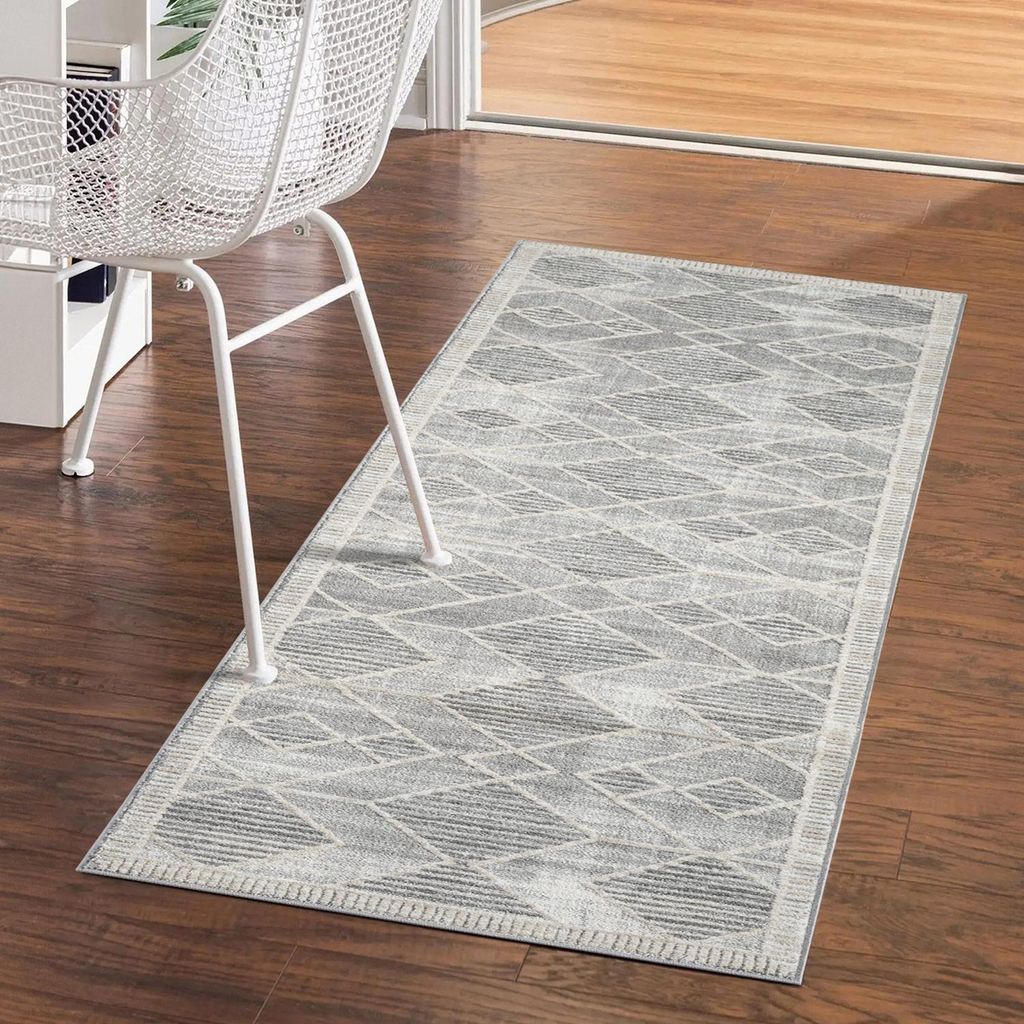 Teppich Kurzflor Wohnzimmer - Grau - 80x150 cm Rechteckig - Raute-Muster, Meliert - 3D-Effekt