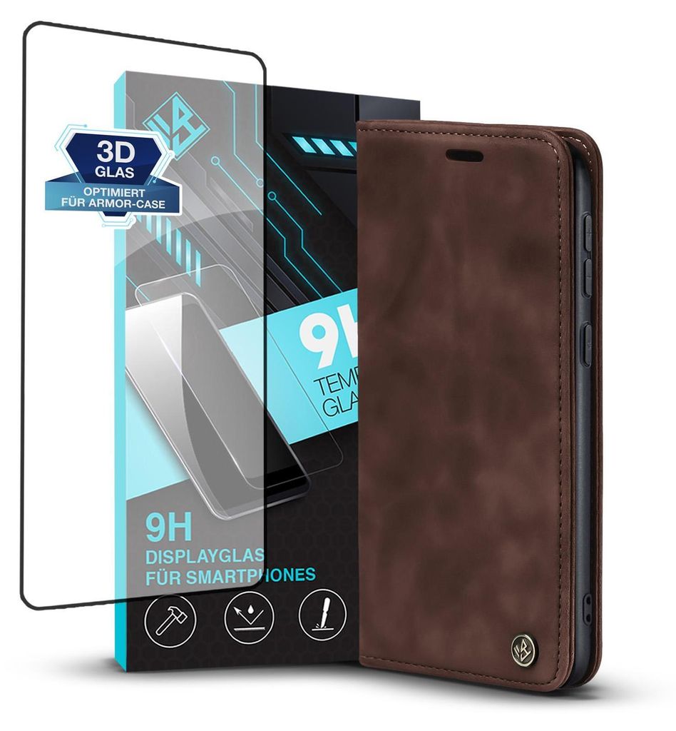 Handy Hülle für Samsung Galaxy A55 5G mit 9H Displayglas Klapphülle Bookcase Flip Cover Handy Tasche Etui Farbe: Dunkelbraun
