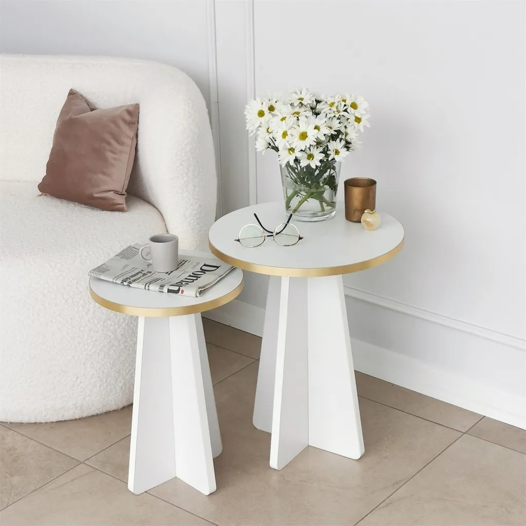 Table Basse Mushroom 2 Set de Table d'Appoint Design Or et Blanc Chic