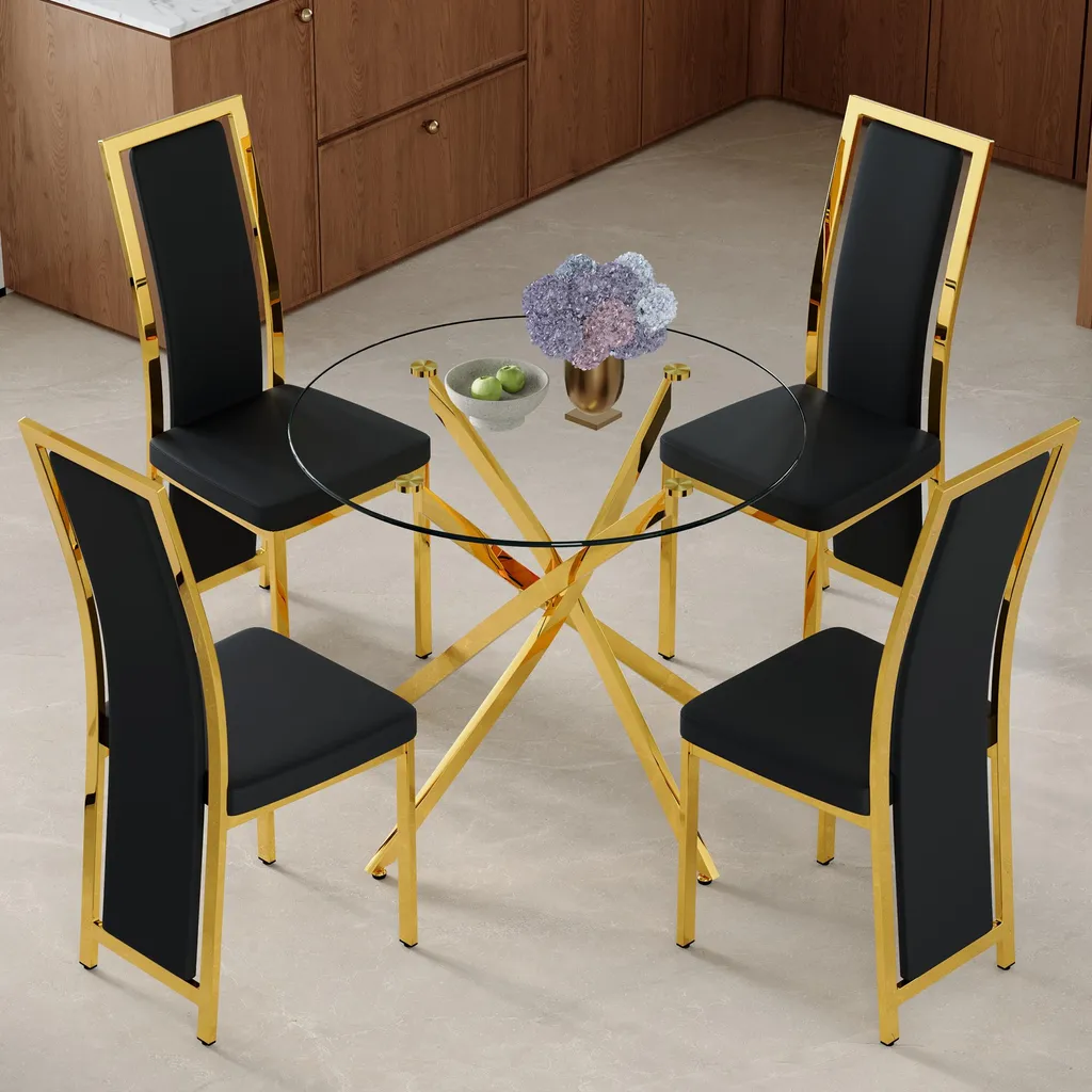 Salle à Manger Complète Table Ronde en Verre et 4 Chaises Design Noir