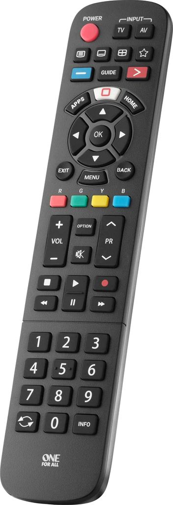 A black remote control is shown against a white background.