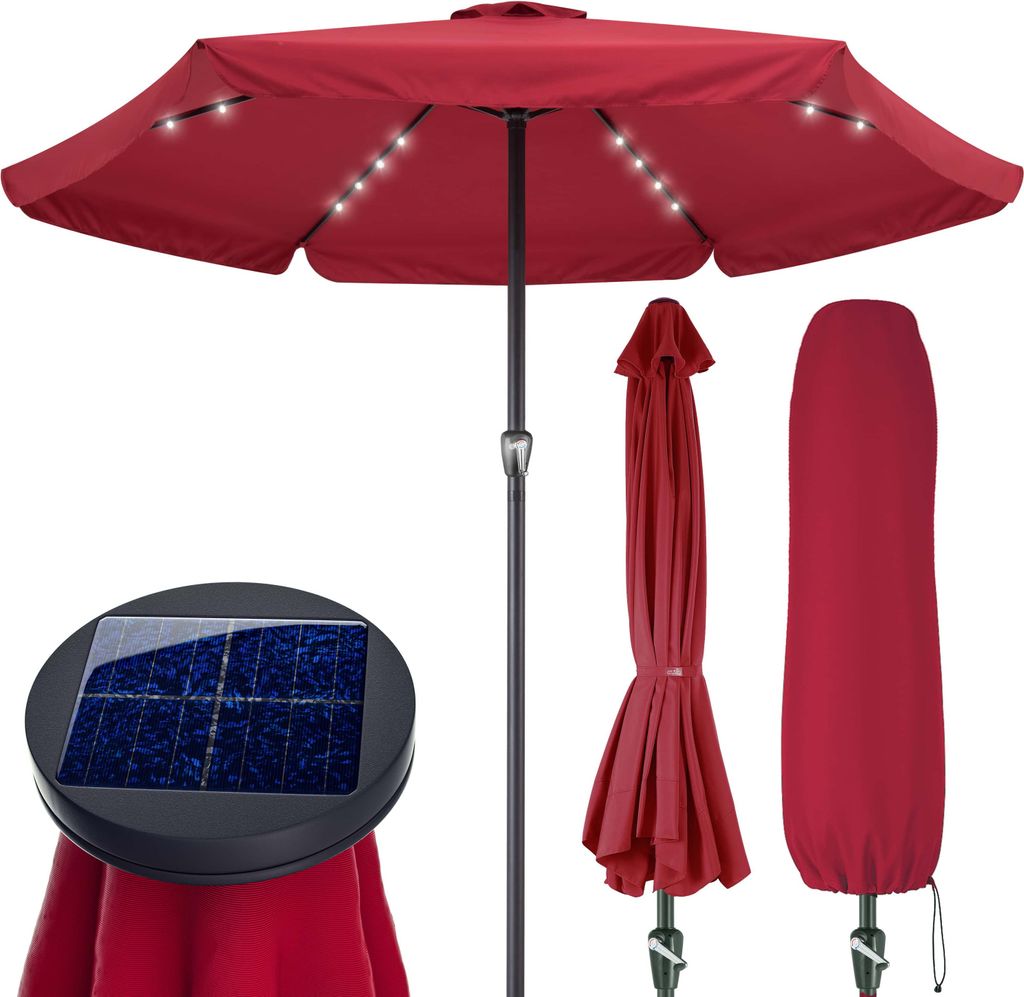 KINGSLEEVE Sonnenschirm LED Beleuchtung UV Schutz 80+ Solar Schutzhülle 330cm Groß Kurbel Volant Balkon Terrasse Gartenschirm Marktschirm Rot