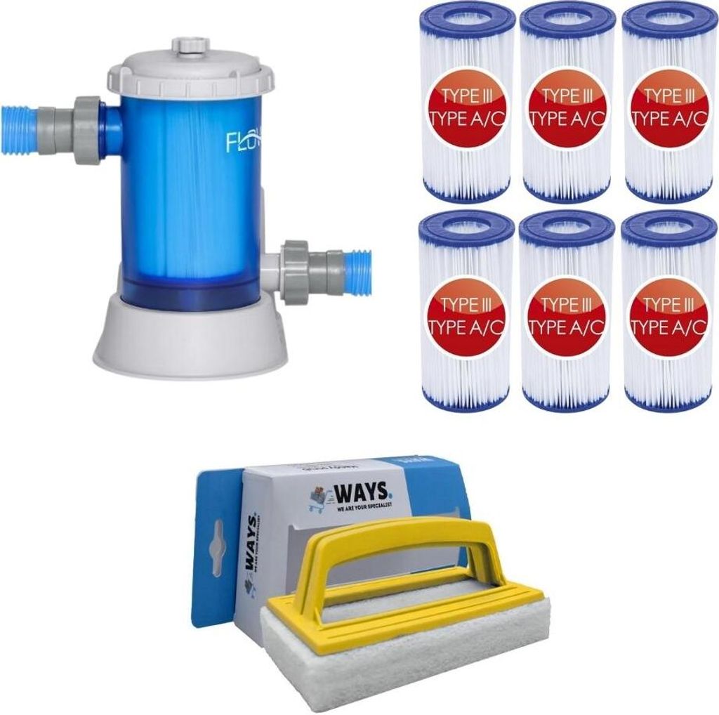 WAYS - Poolpflege - Filterpumpe 5678 L/u & 6 Filter Typ III & WAYS Scheuerbürste