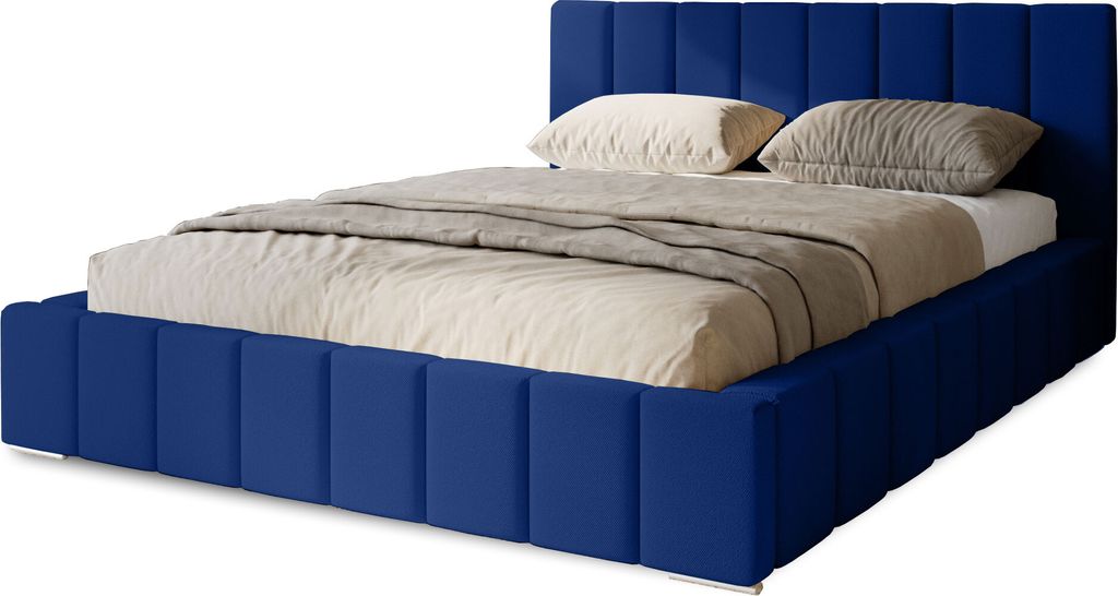 Polsterbett Menos 200x200 cm, Bett mit Kopfteil, Doppelbett mit Bettkasten und Lattenrost aus Holz, Velourstoff: Dunkelblau