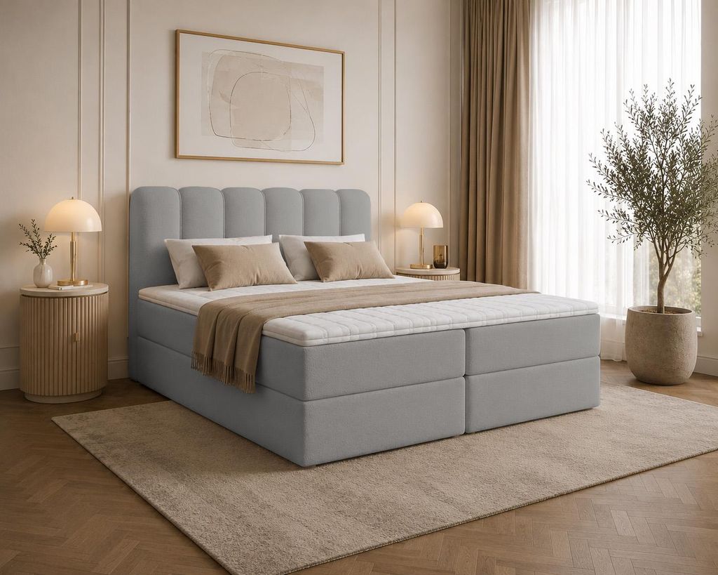 Boxspringbett SANDO Topper VISCO Bett mit Bettkästen Polsterbett, Bettgestell, Doppelbett, Stauraum, Schlafzimmer (180x200, Grau - Fredo 35)