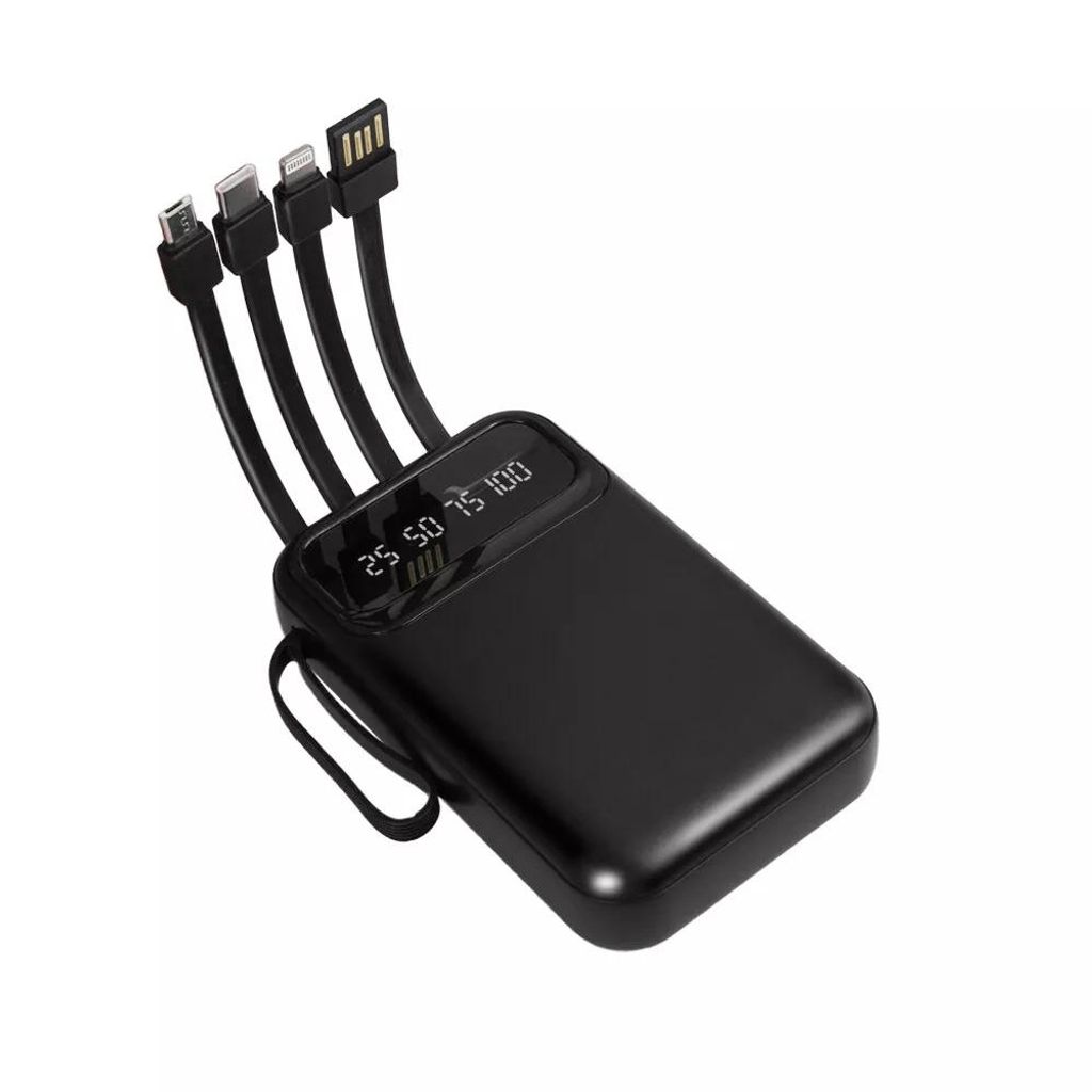 30000mAh Power Bank mit 4 Kabeln, 2.1A Fast Charging, LED Display, USB-C, Micro-USB, Lightning, Externer Akku Schwarz