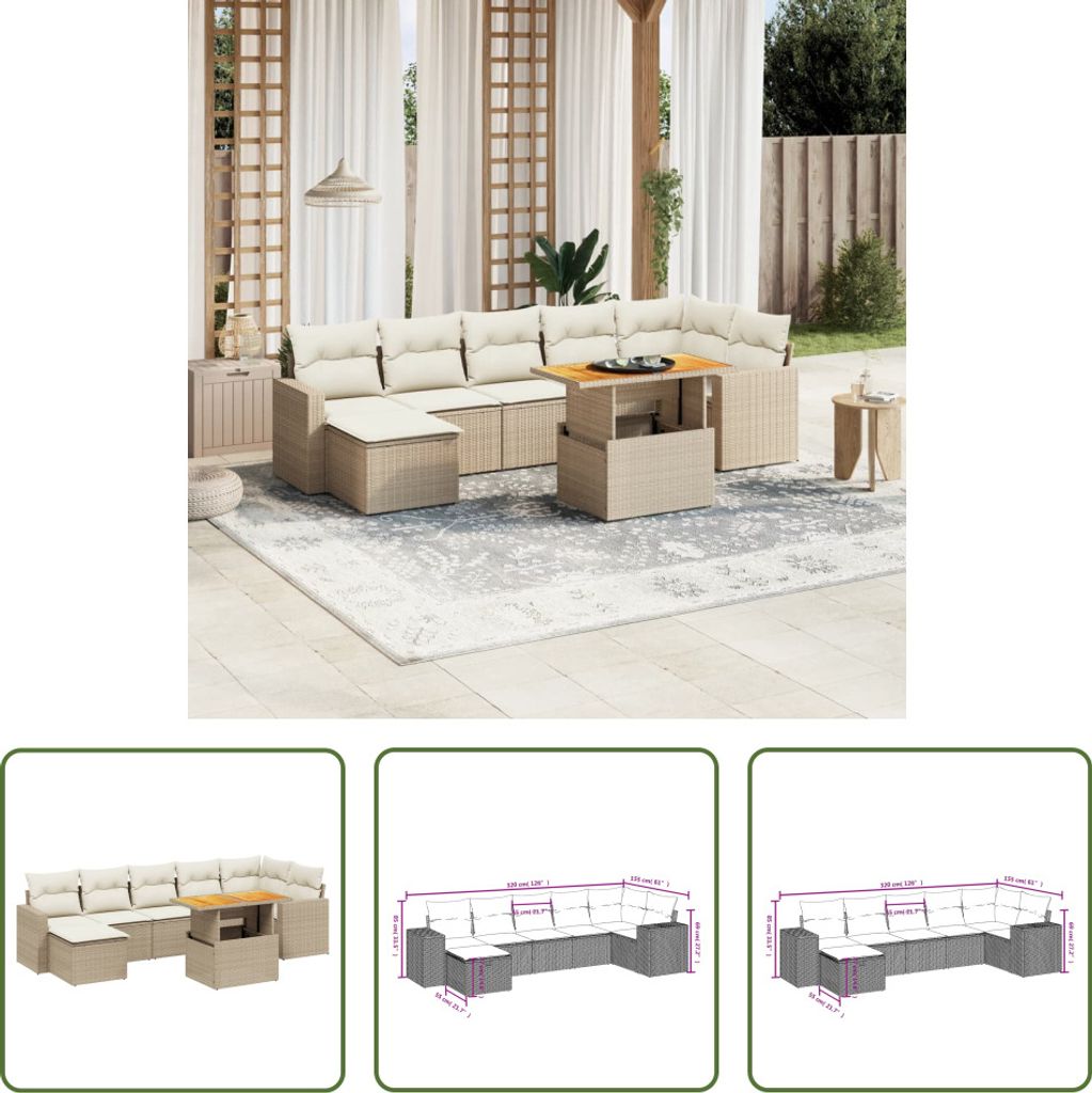 The Living Store 8-tlg. Garten-Sofagarnitur mit Kissen Beige Poly Rattan