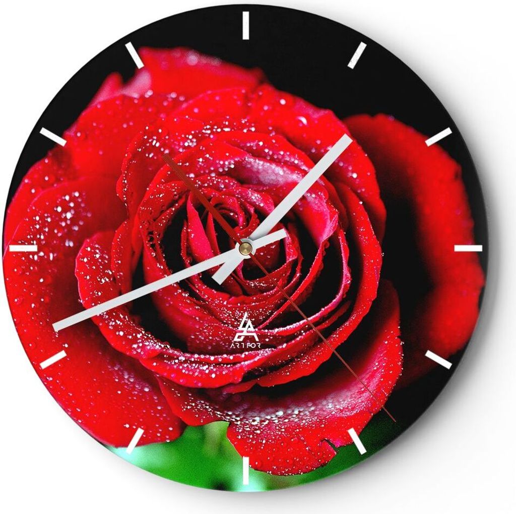 Wanduhr - Rund - Glasuhr - Rose Blume Blütenblätter Wasser - 30x30cm - Schleichendes Uhrwerk - Lautlos - zum Aufhängen bereit - Dekoration Moder...