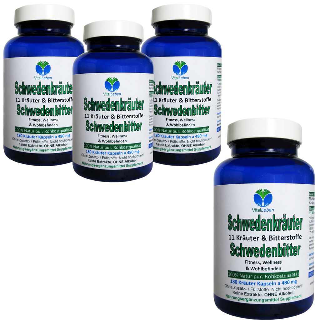 Schwedenkräuter 11 Bitter Kräuter & Bitterstoffe 720 (4x180) Pulver Kapseln NATUR Pur ohne Zusatzstoffe.