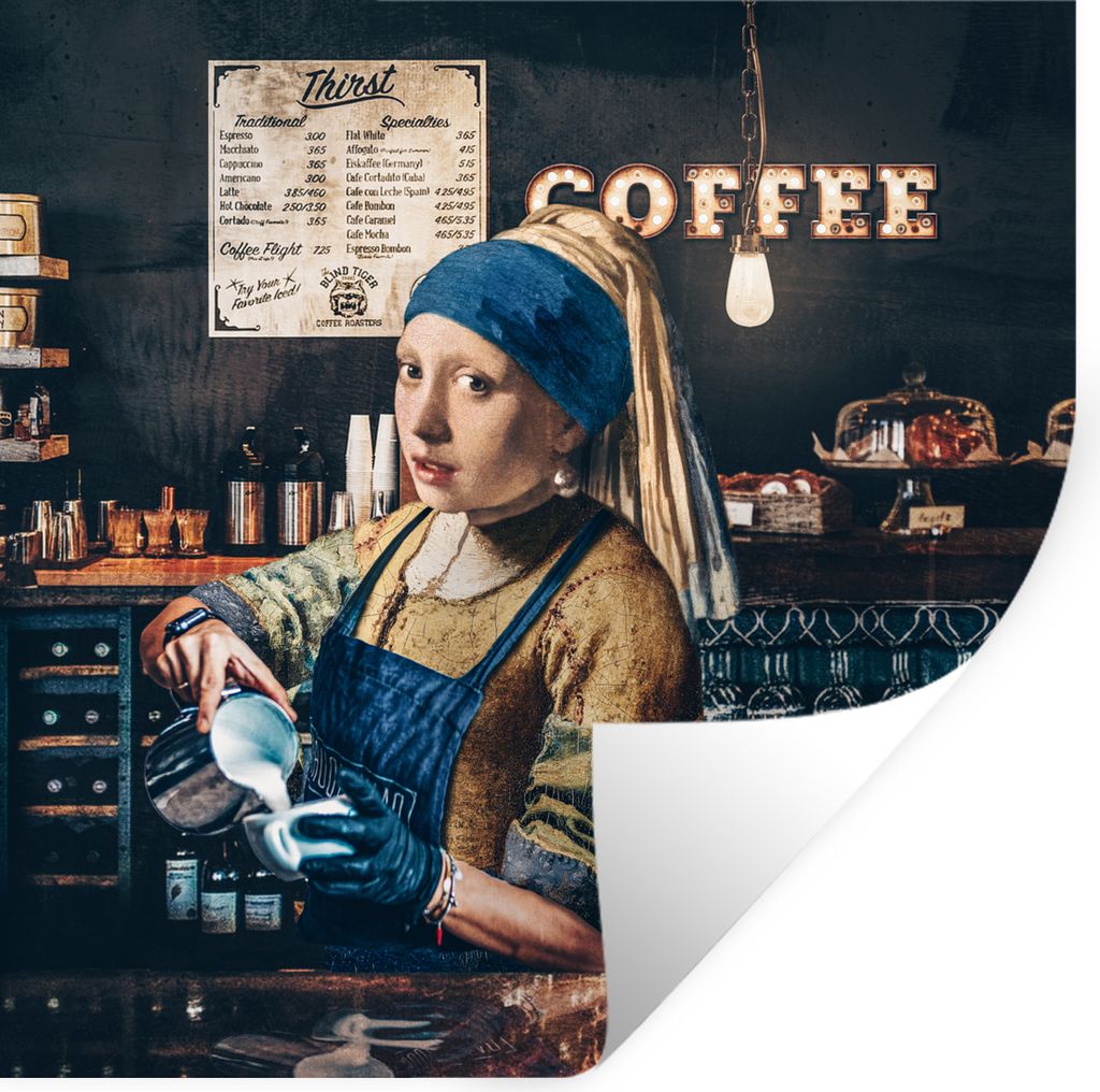 MuchoWow Wandtattoo Wandsticker Wandaufkleber Kaffee - Mädchen mit Perlenohrring - Barista - Vermeer - Cappuccino - Gemälde 100x100 cm Selbstkl...
