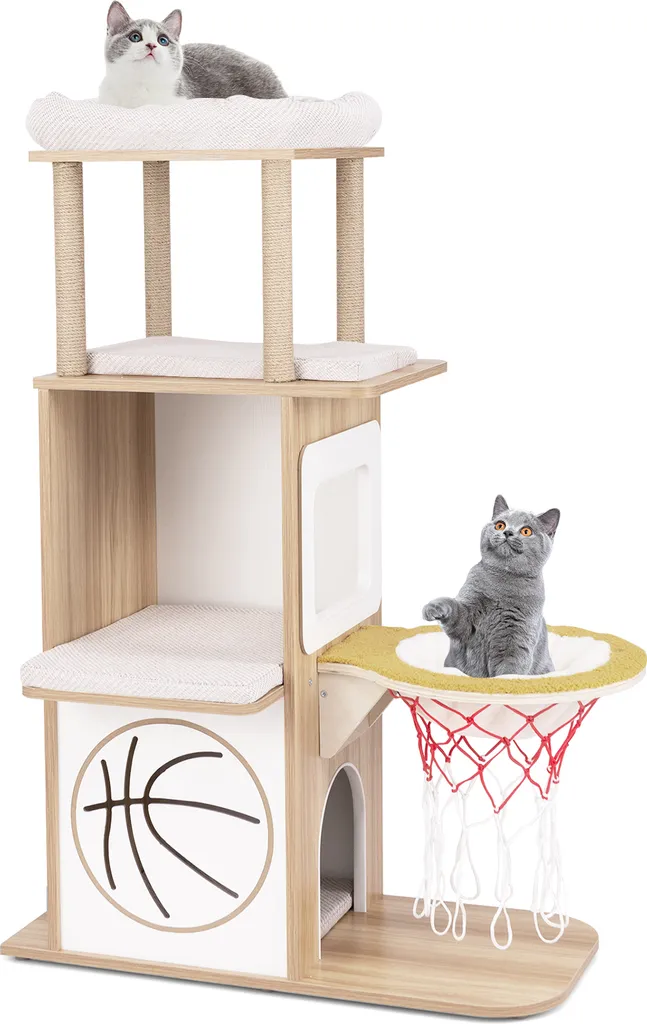Arbre à Chat Design en Bois 120 cm - Mobilier Chat avec Niche et Hamac