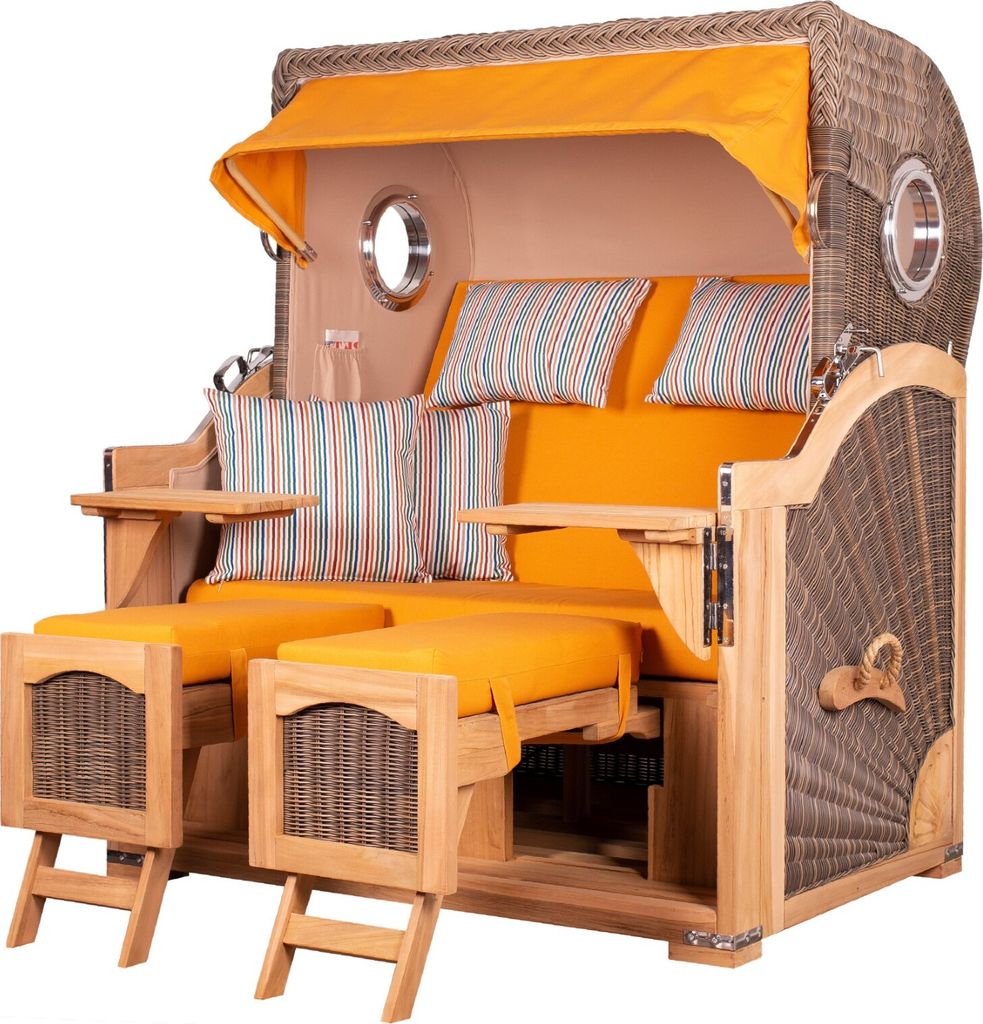 Strandkorb - bene living - Ammersee Grande XL Teak Bullauge - PE grau - Modell 586 - 2,5-Sitzer inkl. Liftersystem