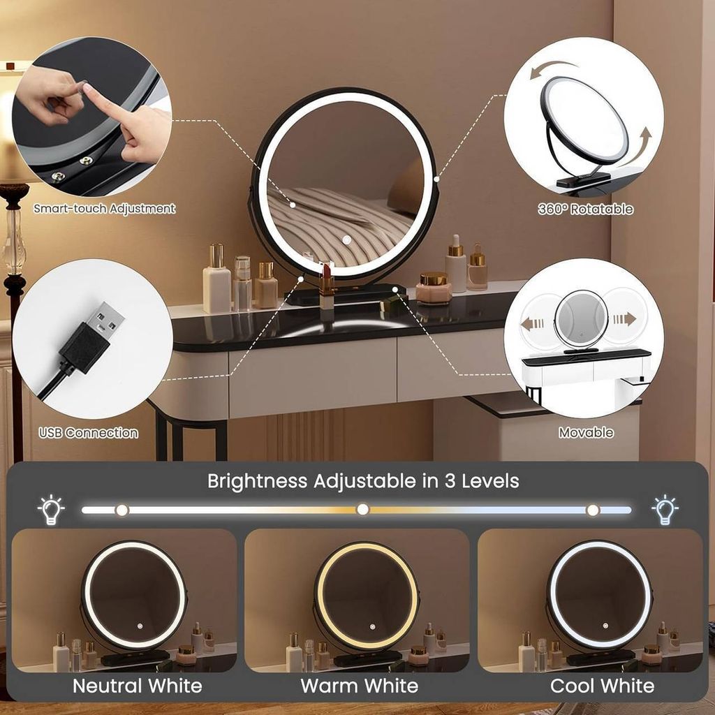 WOLTU Schminktisch mit LED,, Spiegel, Samthocker, Produktbild 4